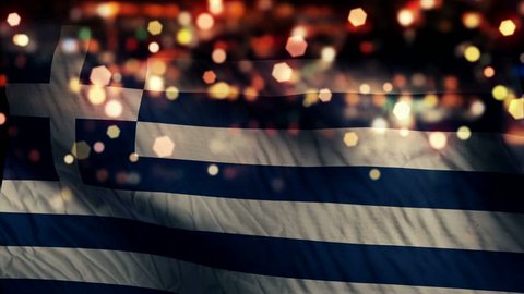 Greece Flag Light Night Bokeh Abstract Loop Animation - 4K Resolution UHD