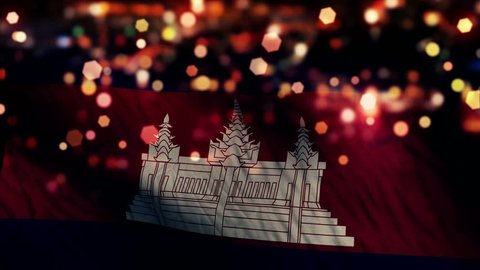 Cambodia Flag Light Night Bokeh Abstract Loop Animation - 4K Resolution UHD