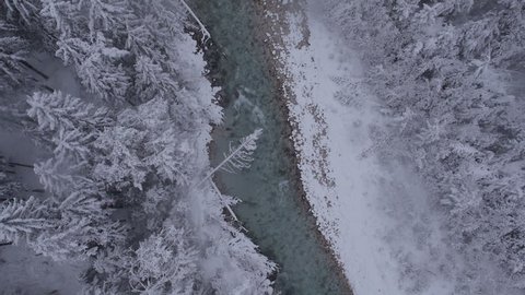 Aerial, vertical - River through the forest at a light snowing. 
Note: It was snowing. Few snowflakes fell on a lens!
