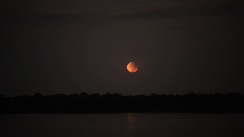 Red moon rises over the dark silouette of the brazilian rainforest, shot from a