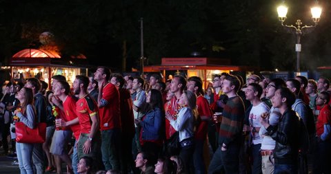 BERLIN, GERMANY - JUNE 30, 2014 Happy Belgians People Crowd Fans Goal Cheer Jubilation Belgium vs USA Round 16 World Cup 2014, Brandenburg Gate Public Viewing ( Ultra HD, UHD, 4K, 2160P, 4096x2160 )