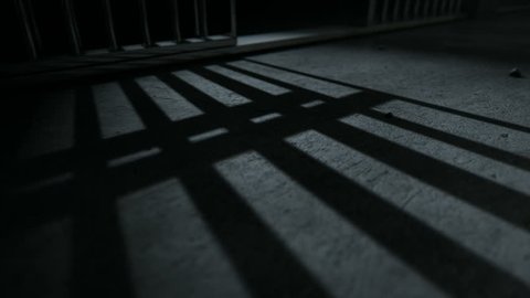 A static camera closeup showing a dimly lit floor of a prison cell and the cast shadows of the door slamming shut
