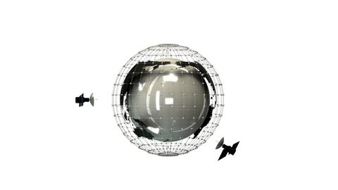 Globe model with network and satellites on white background