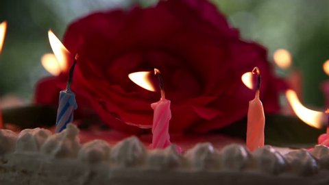 candle burning on a cream white creamy delicious cake decorated with three red roses on the top closeup