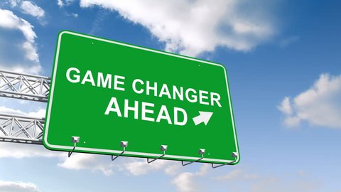 Digital animation of Game changer ahead sign against blue sky