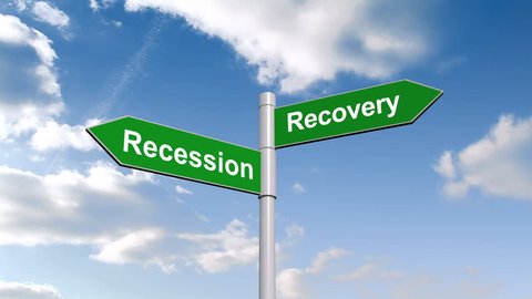 Digital animation of Recession recovery signpost against blue sky