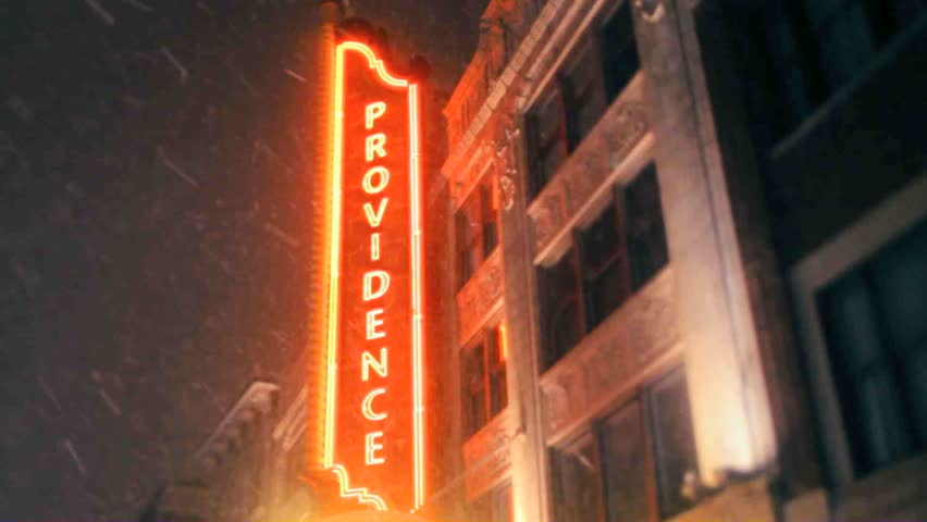 Providence, Rhode Island downtown city street sign on snowy night