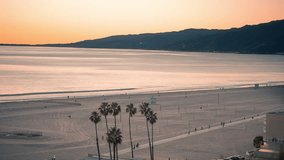 Santa Monica Beautiful Sunset View 3 - Mountain, Sandy Beach, Pacific Ocean, Pedestrian Path, and People - Los Angeles California 