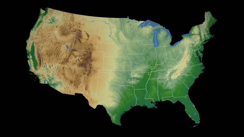 USA - Florida state (Tallahassee) extruded on the physical map of the United States in the Azimuthal Equidistant projection, isolated on black. Elements of this image furnished by NASA.
