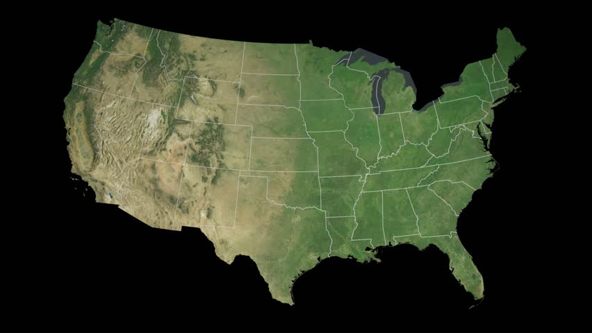 USA - Iowa state (Des Moines) extruded on the satellite map of the United States in the Azimuthal Equidistant projection, isolated on black. Elements of this image furnished by NASA.