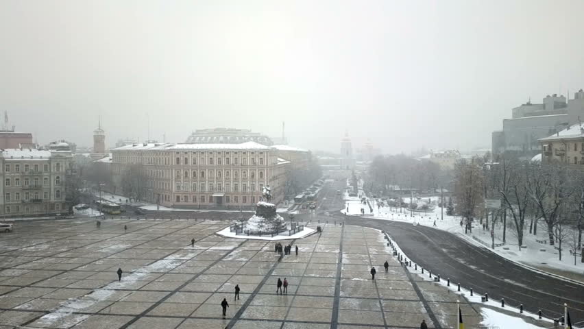 Historic monument to Hetman Bogdan Khmelnitsky on Sofia square in Kiev, Ukraine in winter.