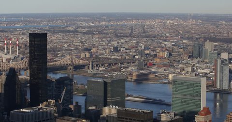 Aerial View United Nations Building Trump World Tower East River Queensboro NYC ( Ultra High Definition, UltraHD, Ultra HD, UHD, 4K, 2160P, 4096x2160 )