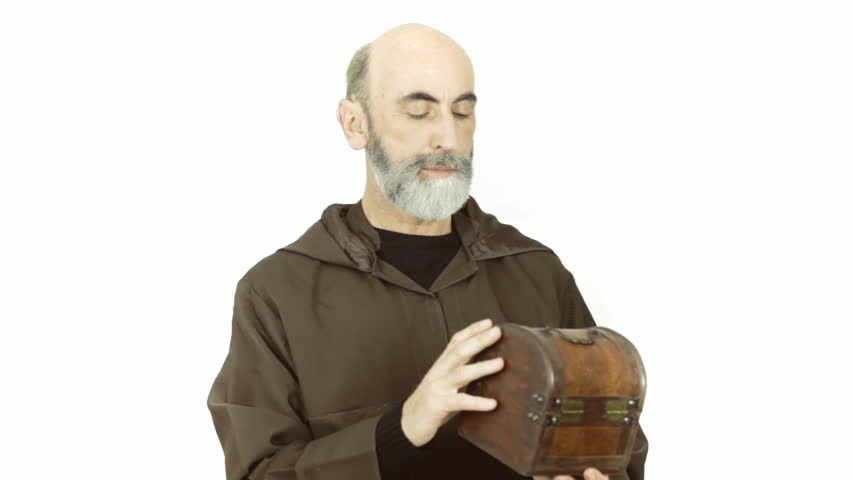 A friar (Franciscan religious man) opening and closing a wooden box. White background.
