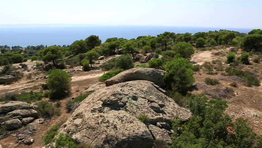 Panorama of beautiful mountains and Aegean coast. Sithonia peninsula. Northern Greece.