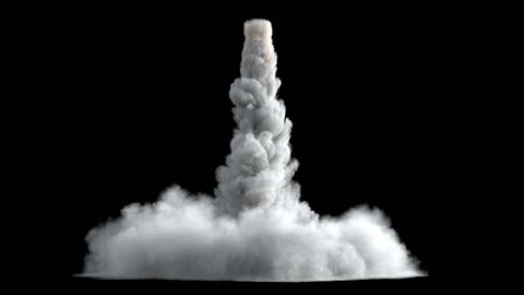 4K Rocket launch or Takeoff smoke and fire texture isolated on black background, with alpha, ready for compositing (uhd 3840x2160, ultra high definition, 1920x1080, 1080p) high detailed huge smoke