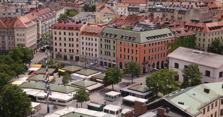 Aerial View Munich Skyline Above City Center Viktualienmarkt Oktoberfest Maypole ( Ultra High Definition, UltraHD, Ultra HD, UHD, 4K, 2160P, 4096x2160 )