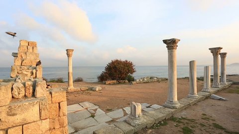 Colonnade in ruins of the Ancient Greek city of Chersonese early in the morning, Sevastopol, Crimea