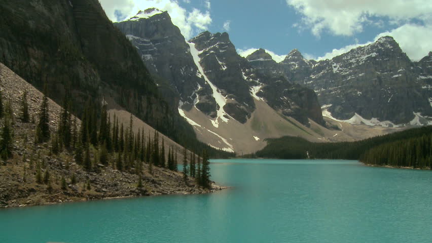 Pan left to right on beautiful Moraine Lake in the Canadian Rockies