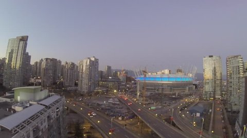 VANCOUVER,CANADA - CIRCA December 2014 :takeoff aerial towards BC place downtown on cambie bridge