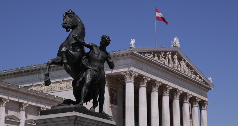 Austrian Flag Parliament Vienna Icon Architecture Sightseeing Landmark Sunny Day ( Ultra High Definition, UltraHD, Ultra HD, UHD, 4K, 2160P, 4096x2160 )