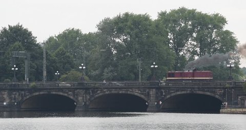 Diesel Locomotive Train Crossing Maneuver Passing Bridge Railway Traffic Hamburg ( Ultra High Definition, UltraHD, Ultra HD, UHD, 4K, 2160P, 4096x2160 )