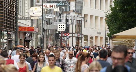 VIENNA, AUSTRIA - JULY 16, 2014 Popular Location Famous Karntner Shopping Street People Walk Tourist Visit Shop ( Ultra High Definition, UltraHD, Ultra HD, UHD, 4K, 2160P, 4096x2160 )