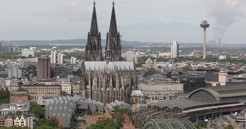 Cologne Skyline Aerial View Establishing Shot Famous Church TV Tower Colonius ( Ultra High Definition, UltraHD, Ultra HD, UHD, 4K, 2160P, 4096x2160 )