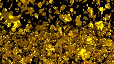 Animated falling and stocking realistic gold flakes against black background. Camera tracking. and depth of field. Short version of longer animation.