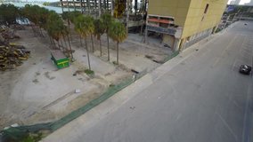 Building destruction site aerial drone video footage