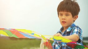 Little boy flying a kite in slow motion, happy lifestyle stock video clip