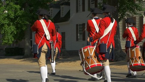 Colonial Military Marching band in Williamsburg Virginia in Super Slow motion. Full HD stock video clip.