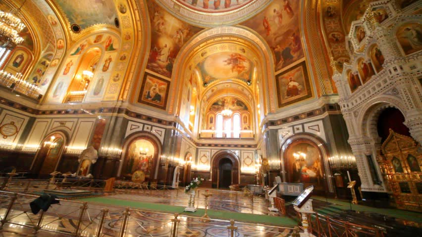 panning of interior of orthodox the Cathedral of the Redeemer in Moscow, Russia
