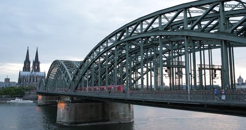 Regional Train Passing Crossing Hohenzollern Bridge Cologne Cityscape Landmarks ( Ultra High Definition, UltraHD, Ultra HD, UHD, 4K, 2160P, 4096x2160 )