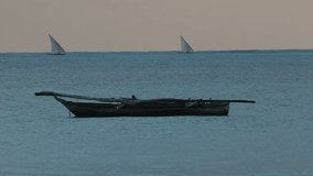 Traditional wooden boats (dhows) at sunrise on the calm coastal waters of Zanzibar island