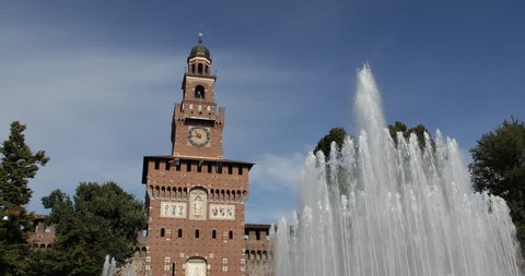 Establishing Shot Water Fountain Sforzesco Castle Clock Tower Milan Italy Tourist Attraction Day ( Ultra High Definition, UltraHD, Ultra HD, UHD, 4K, 2160P, 4096x2160 )