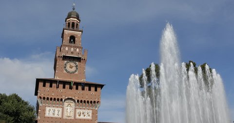 Famous Piazza Castello Vintage Sforzesco Castle Central Clock Tower Milan Italy ( Ultra High Definition, UltraHD, Ultra HD, UHD, 4K, 2160P, 4096x2160 )
