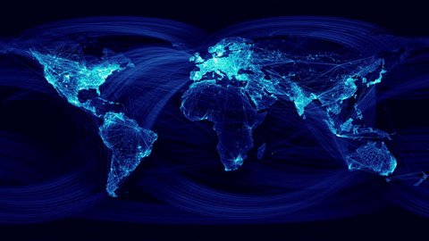 Network Lines Lighting Up World Map 4K. Blue Version. Very detailed. Can be used as a high resolution texture or projection map.