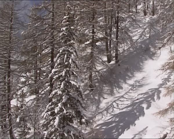 ALP GRUM, SWITZERLAND - WINTER 1995: vehicle shot - view from riding train at rough mountain scenery in winter. Bernina Railway, Switzerland, added to the list of UNESCO World Heritage Sites.