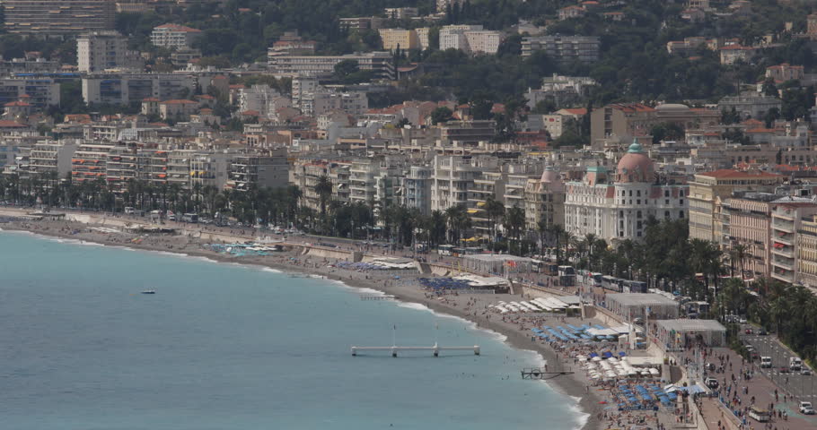 NICE, FRANCE - SEPTEMBER 25, 2014 Aerial View Negresco Hotel French Old Town Nice Skyline Cote D'Azur Resorts Day ( Ultra High Definition, UltraHD, Ultra HD, UHD, 4K, 2160P, 4096x2160 )
