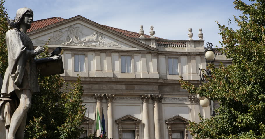 Milan Iconic Landmark Building La Scala Opera Milano Facade Entrance Street View ( Ultra High Definition, UltraHD, Ultra HD, UHD, 4K, 2160P, 4096x2160 )