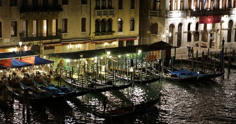 Gondola Passing Venice Grand Canal Illuminated Night Lights Gondolier Ride Move ( Ultra High Definition, UltraHD, Ultra HD, UHD, 4K, 2160P, 4096x2160 )