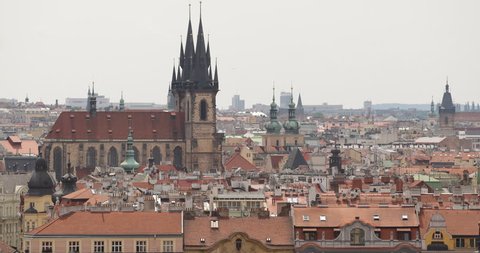 Spectacular Aerial View Prague Skyline Old Town Roof Cityscape Tyn Cathedral Day ( Ultra High Definition, UltraHD, Ultra HD, UHD, 4K, 2160P, 4096x2160 )