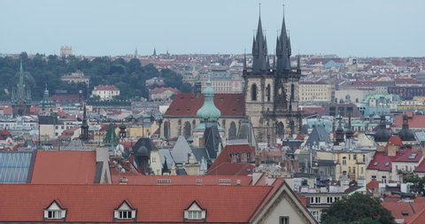 Prague Skyline Aerial View Tyn Cathedral Old Town Cityscape Crowded Building Day ( Ultra High Definition, UltraHD, Ultra HD, UHD, 4K, 2160P, 4096x2160 )
