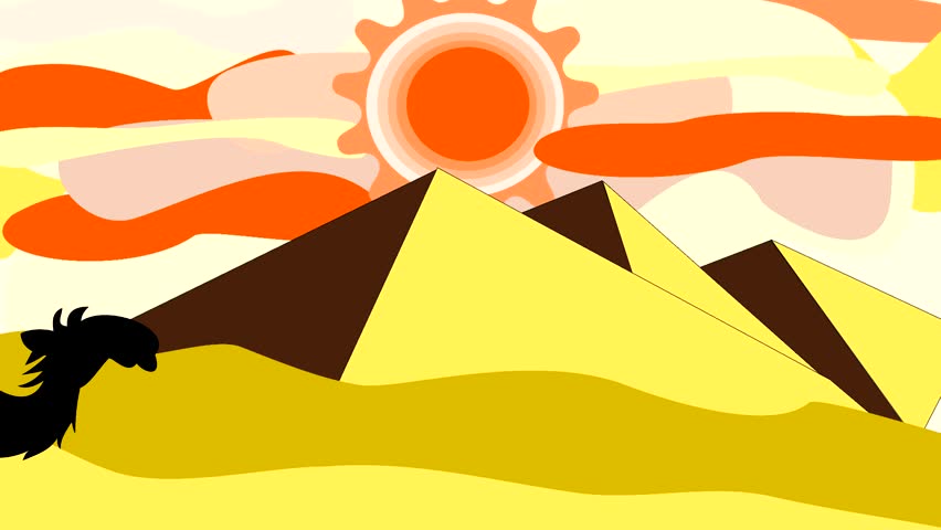 Black silhouettes of camels going through the desert near the pyramids, animation, cartoon