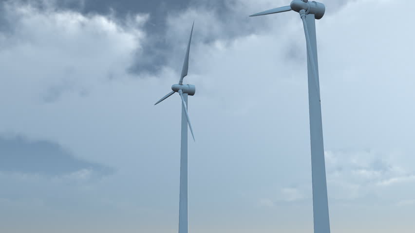 Pan from left to right of 5 wind turbines with blue sky and clouds in the