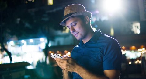 Handsome Man Typing Smartphone Urban Downtown Night Lights Communication Technology 4G Reception Texting Sms App Travel Application Social Network Blogger Uhd 4K : vidéo de stock