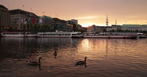 HAMBURG, GERMANY - JULY 6, 2014 Beautiful Hamburg Skyline Sunset Binnenalster Alster Lake Landmarks Sightseeing ( Ultra High Definition, UltraHD, Ultra HD, UHD, 4K, 2160P, 4096x2160 )