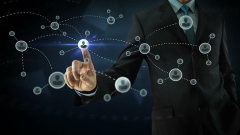 Businessman pointing on social network media concept with abstract users, sms, messages, blue dark background and animated links