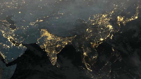 Asia and India At Night Illuminated. Time-lapse of Planet Earth with Clouds (1080p HD)