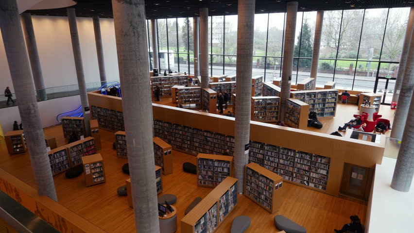 Public lending library interior.
High angle view of the interior of a public lending library.